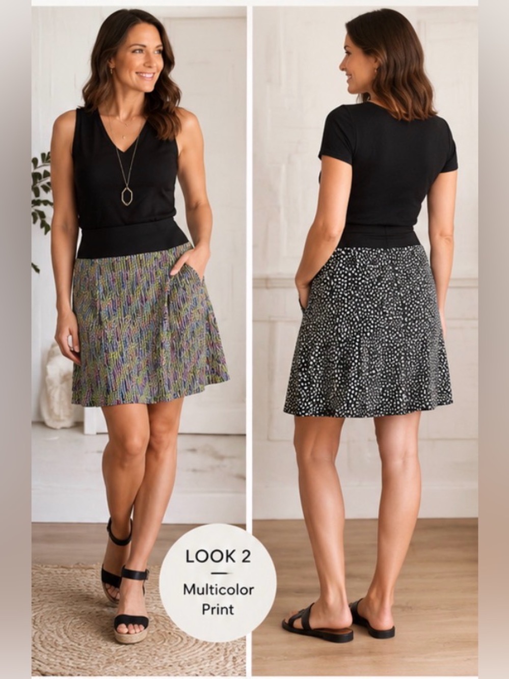 309 NWT CAbi Reversible Pull-On Skirt M Black Multicolor Stretch Spring 2025